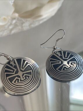 Round Silver-Tone Labyrinth Drop Earrings